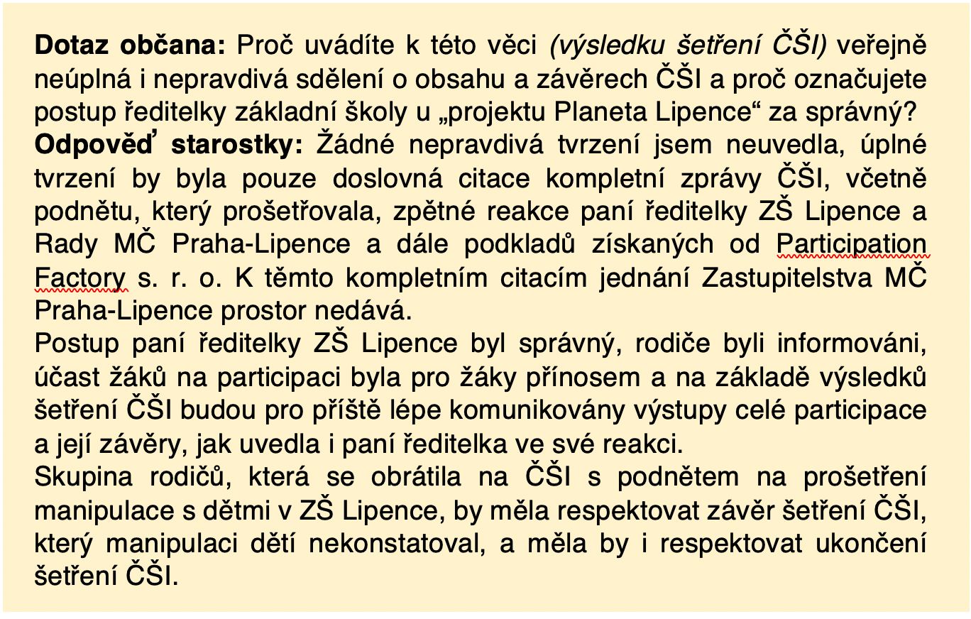 Proč starostka Lipenců zarputile popírá výsledky šetření České školní inspekce (ČŠI) v lipenecké škole?